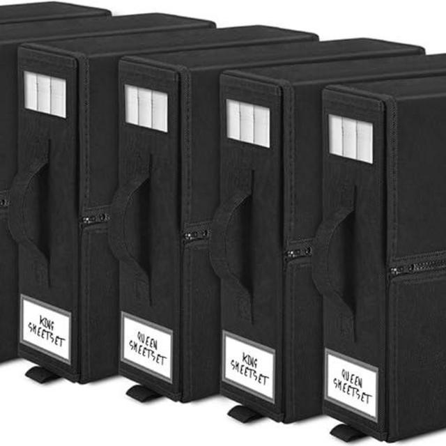 GKOKG 6 Pack Bed Sheet Organizers and Storage - Foldable Sheet Organizer for Linen Closet, Bed Sheet Organizers, Sheet Set Organizer for Bedding Clothes Blankets, Duvet Cover Set,Black