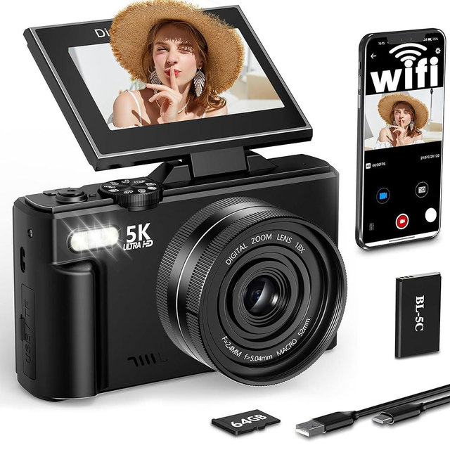 FLATIC 5K Digital Camera, 75MP Cameras for Photography with WiFi & 64GB TF Card, Autofoucs Vlogging Camera for YouTube with 180° Flip Screen, Compact Vlog Travel Camera Kit for Beginner, Teens