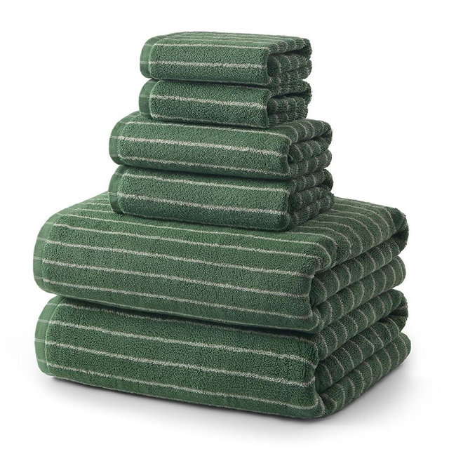 ecolook Premium Bath Towel Set of 6 Pieces – 100% Cotton, Super Absorbent & Quick Dry, Striped Towels for Bathroom, Spa & Swim – 2 Bath, 2 Hand, 2 Washcloths, Olive Green