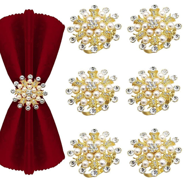Davifina Gold Pearl Rhinestone Rose Flower Napkin Rings Set of 6 Elegant Diamond Floral Napkin Buckles Holders for Wedding Baby Bridal Shower Holiday Family Gathering Dinner Party Banquet Table Decor