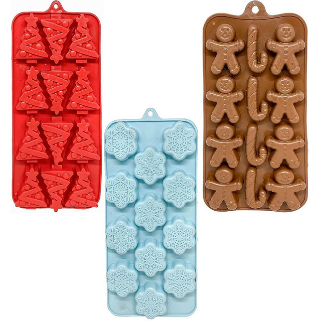 Set of 3 Holiday Christmas Shaped Silicone Ice Cube Soap Making Trays/Molds - Gingerbread Men/Candy Canes, Snowflakes & Christmas Trees Red, Brown, & Blue