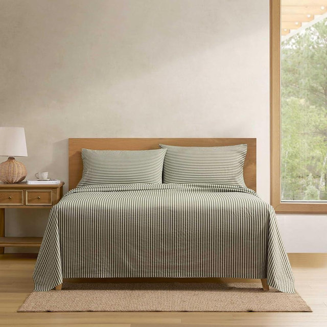 Eddie Bauer - Queen Size Sheet Set, Cotton Percale Bedding with Deep Pocket Fitted Sheet, Bed Sheets with Matching Pillowcases, Alpha Stripe Green