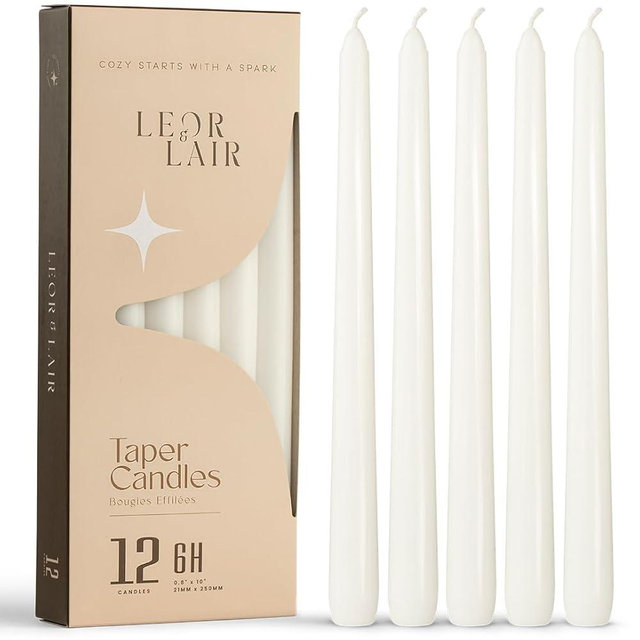 Leor & Lair White Taper Candles - 12 Pack 10" White Candlesticks - Unscented Long Burning Candle Sticks for Home Decoration, Holidays, Weddings, Religious, Restaurants & Events