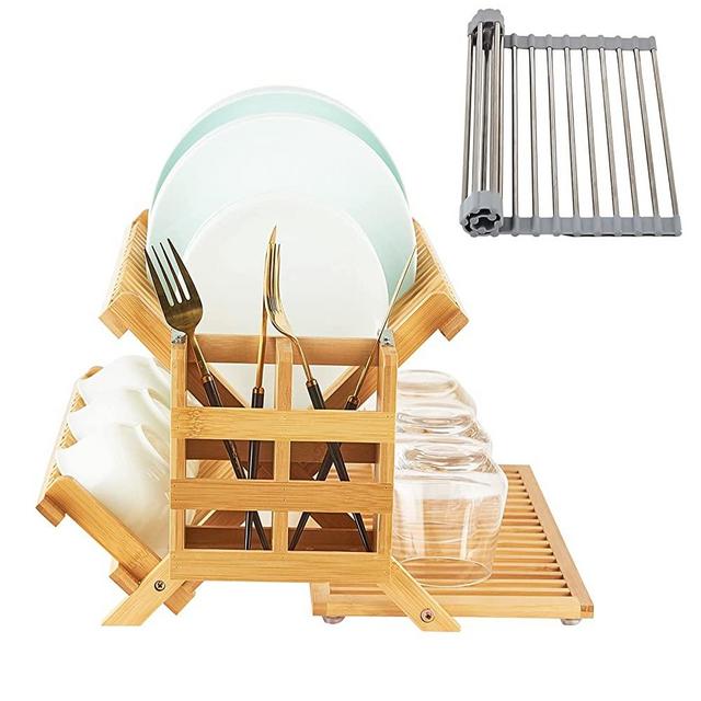 Bamboo Dish Drying Rack Set, 3-Tier Collapsible Bamboo Drainer Dish Drying Rack with Utensil Holder ,Multipurpose Roll-Up Dish Drying Rack