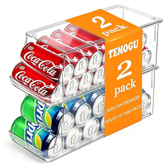 TEMOGU Soda Can Organizer for Refrigerator Stackable Can Holder Dispenser with Lid for Fridge, Pantry, Freezer – Holds 12 Cans Each, BPA-Free, Clear Design, (2-Pack)