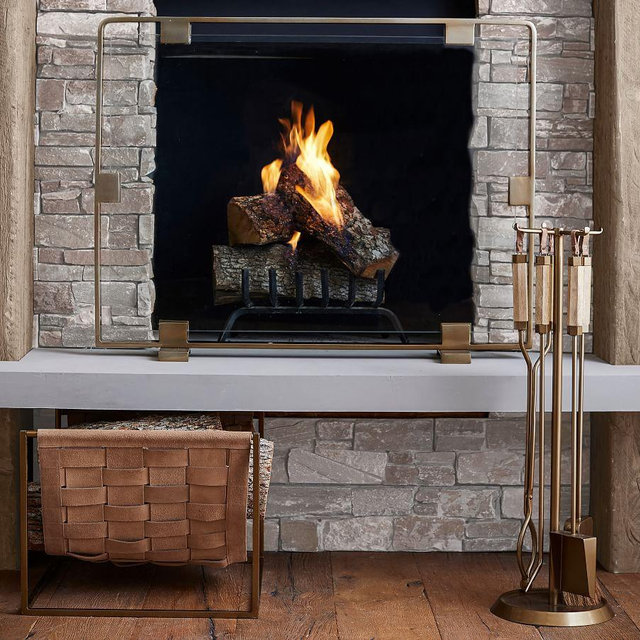 Vail Glass Fireplace Screen with Doors, Brass