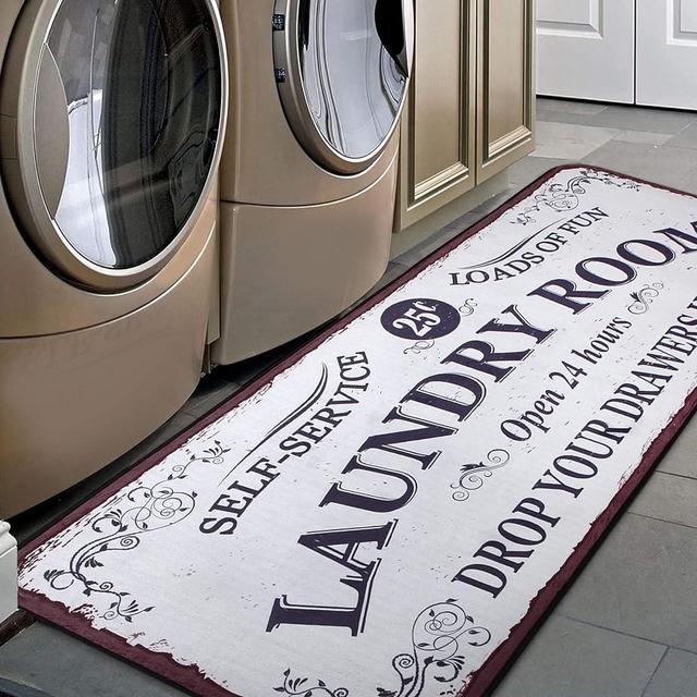 Laundry Room Long Mat Area Rug Non-Slip Floor Mat Waterproof Farmhouse Carpet for Kitchen 40" x 20"(White-1)