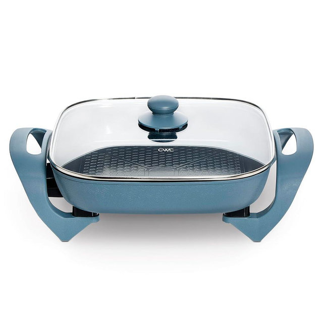 COOK WITH COLOR Electric Skillet - 12" x 12" Ceramic Nonstick Pan, PFAS-Free, 1400W, Tempered Glass Lid, Variable Temperature, Removable Heating Probe, Cool-Touch Handles, Slate Blue