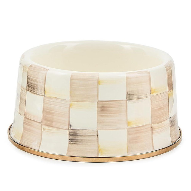 MACKENZIE-CHILDS Enamel Pet Bowl, Cute Cat and Dog Bowl for Food and Water, Medium, Brown-and-White Mocha Check