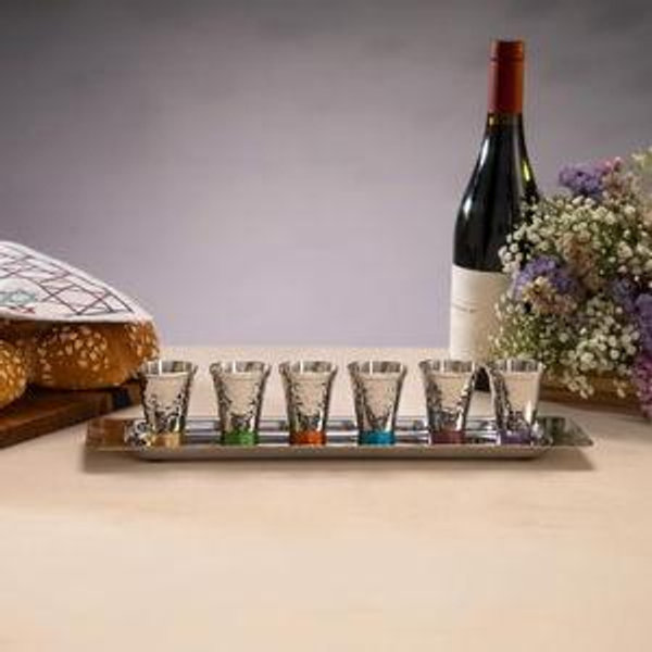 Kiddush Cup Goblet Set of 6 Small Kiddush Cups and Tray Nickel Hammerwork Multicolor (GA-2)