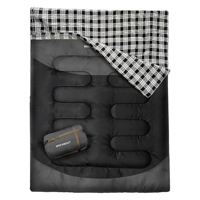 WKFAMOUT Cotton Flannel Double Sleeping Bag for Adults Machine Washable 2 Person Camping Sleeping Bag Queen Size Waterproof with Compression Sack for Cold Weather 3-4 Seasons
