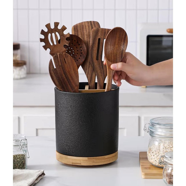 LoeJan 3 Compartment Utensil Holder, Extra Large Utensil Crock, Stable Ceramic Utensil Organizer, Cooking Tool Organizer Set for Kitchen Counter Farmhouse Decor,Textured Black