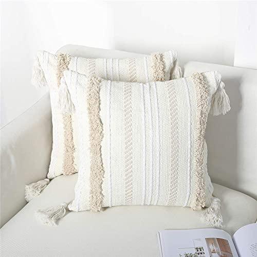 Aibaooli Set of 2 Square Decorative Throw Pillow Covers for Couch Sofa Bedroom Living Room, Woven Tufted Boho Cushion Cover, Comfy Accent Pillow Cases Shams with Tassels (18X18 Inch, Milky)