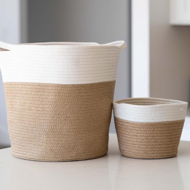 2pc Large Blanket Basket - Woven Cotton Rope Laundry Hamper - XL w/ BONUS Small Storage Basket (Ivory and Gold)