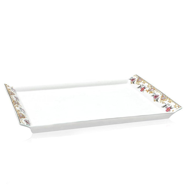 ACMLIFE Bone China Serving Platter, 14 Inch White Rectangular Tray, Elegant Floral Pattern, Ideal for Tea Set, Appetizers, Fruit, Veggies, Desserts