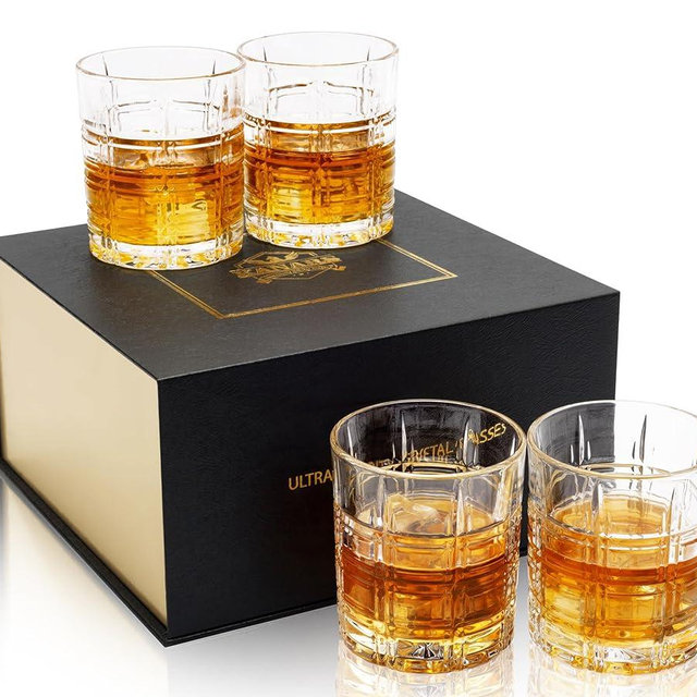 KANARS Crystal Whiskey Glasses - 10 Oz Rock Glasses in Luxury Gift Box - Set of 4 Lowball Bourbon Glass Tumbler for Birthday, Wedding Anniversary, Father's Day and Retirement