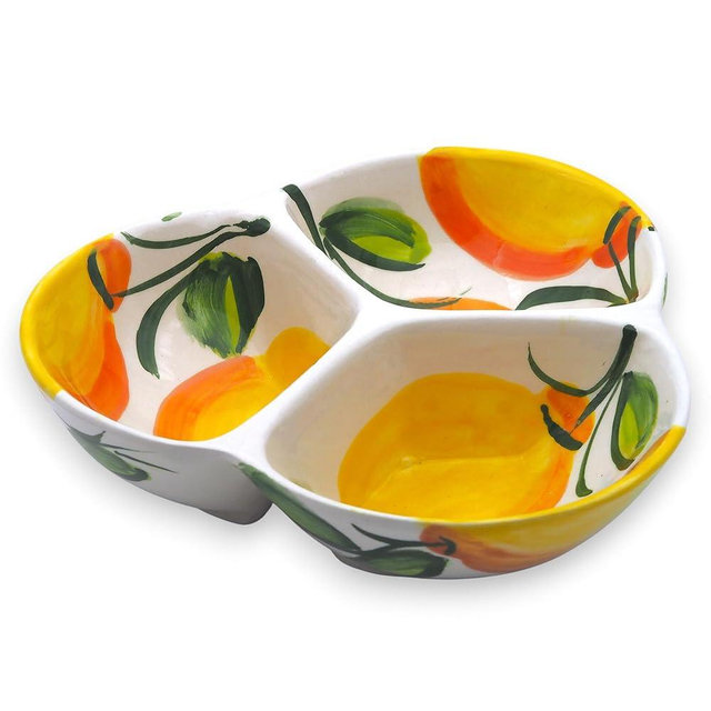 AUTENTICA CERAMICS Ceramic Chip & Dip Bowl 7.5”, 3-Compartment Divided Serving Dish & Condiment Tray for Appetizers – Handmade in Spain, Lead-Free Glaze, Microwave, Oven & Dishwasher Safe