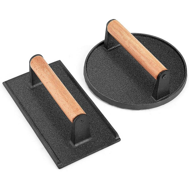 Leonyo 2Pcs Smash Burger Press, Bacon Press for Griddle, Round Cast Iron Grill Press for Flat Top Grill, Rectangular Hamburger Smasher for Griddle, Food Meat Press for Steak, Sandwich, Nonstick Pan