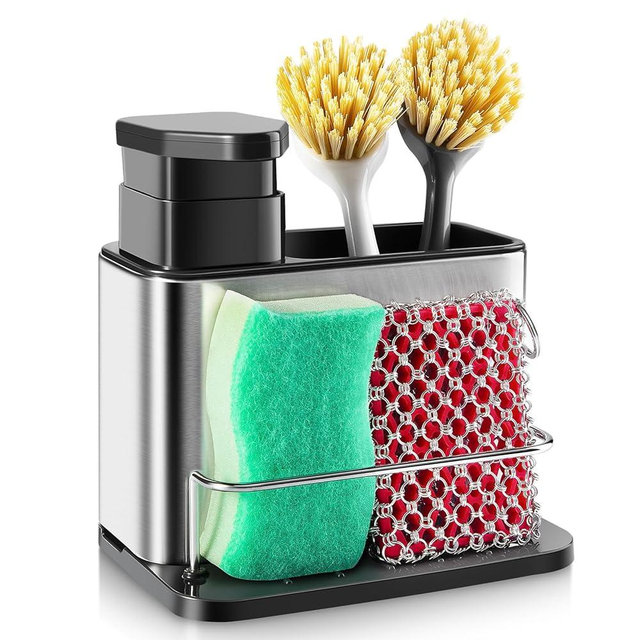TEZZ 3-in-1 Kitchen Sponge Holder With Soap Dispenser Pump, Stainless Steel Kitchen Sponge Caddy & Brush Holder, 3oz/300ml Refillable Dish Soap Dispenser for Kitchen Sink Organization