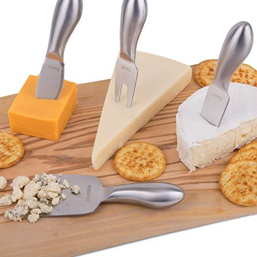 Modern 4-piece Set of Brushed Stainless Steel Cheese Knives - For Kitchen Preparation & Serving Knife at Parties; Preferred Use Embossed on Knives - Hard, Soft, Fork, Crumble - Dishwasher Safe