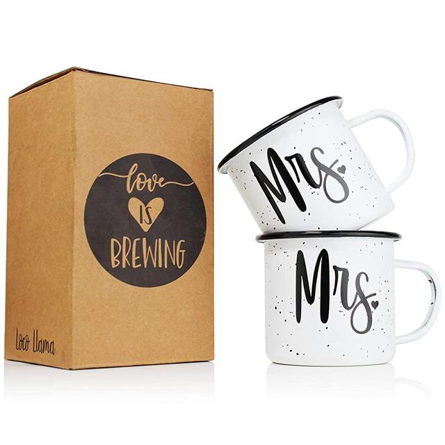 Mrs and Mrs Enamel Coated Stainless Steel Camping Mugs Lesbian Mrs and Mrs