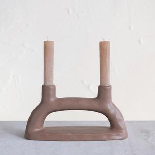 Modern Stoneware Double Taper Holder, Matte Brown