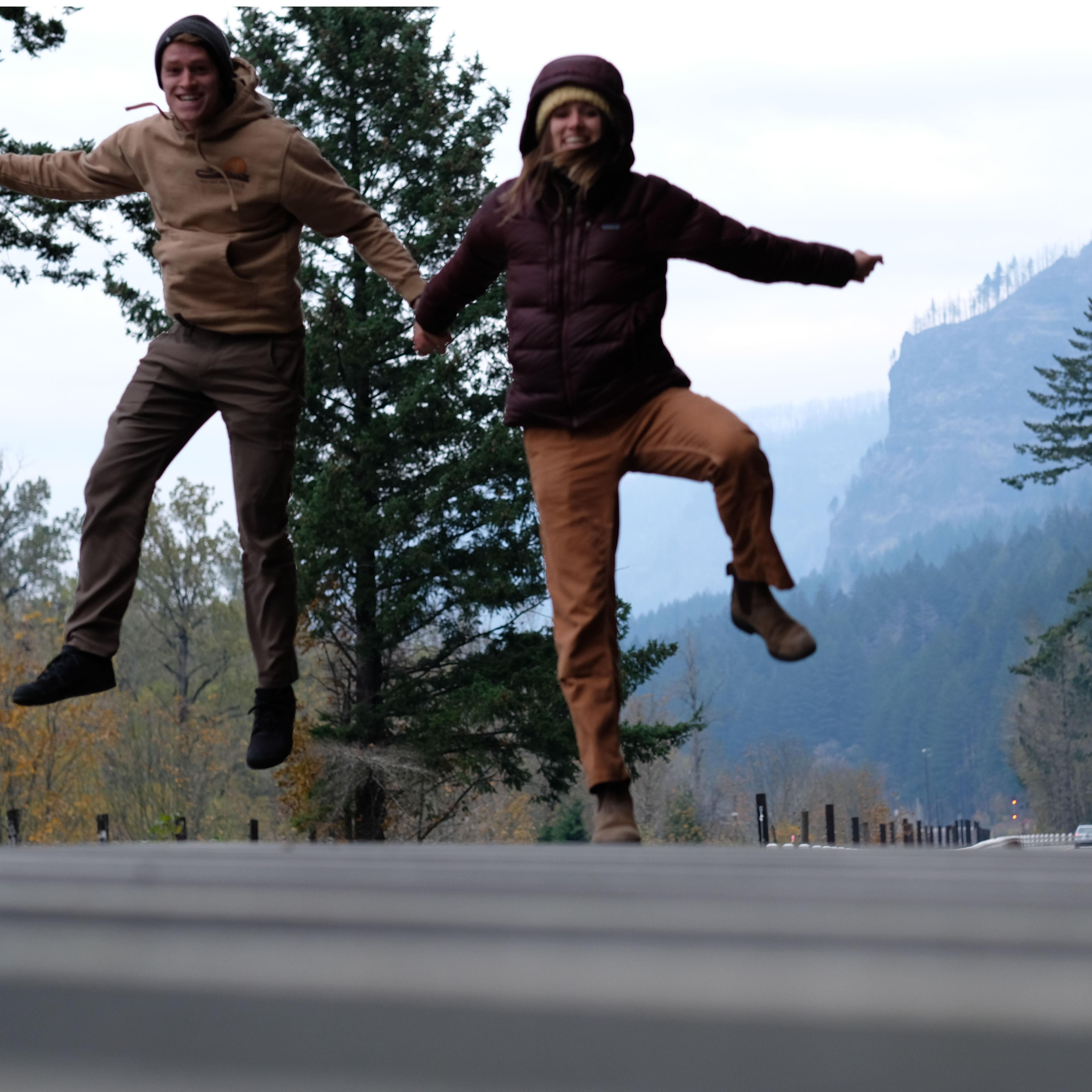 A fun jumping self-timer at multnomah falls during our road trip on Thanksgiving break 2022