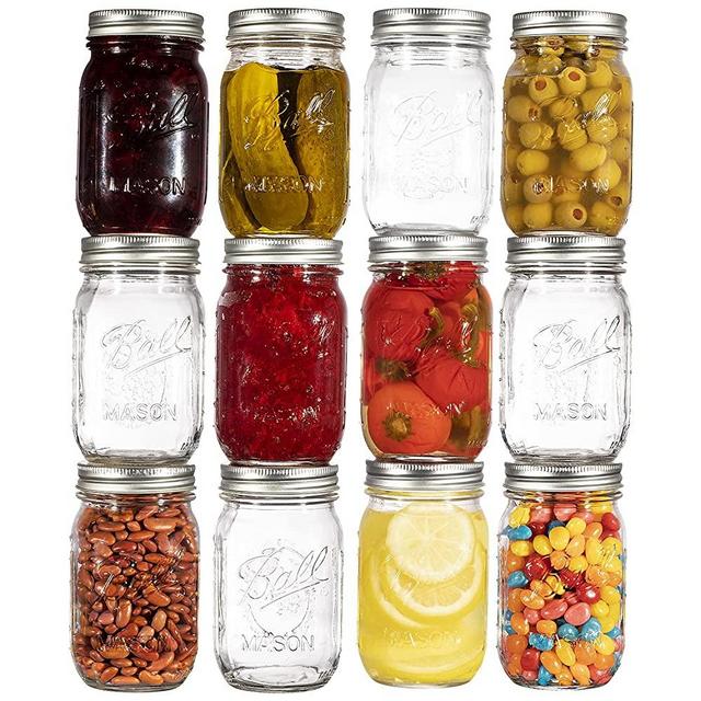 Ball Regular Mouth Mason Jars 16 oz. (12 Pack) - Pint Size Jars with Airtight Lids and Bands for Canning, Fermenting, Pickling, or DIY Decors and Projects - Bundled with Peaknip Jar Opener