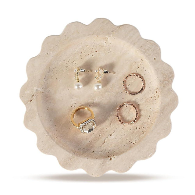 Koville Travertine Jewelry Dish, 5.51" Round Trinket Dish for Ring Necklace Earring Perfume, Natural Stone Decorative Tray for Countertop Bathroom Kitchen Dresser, Beige Travertine Tray