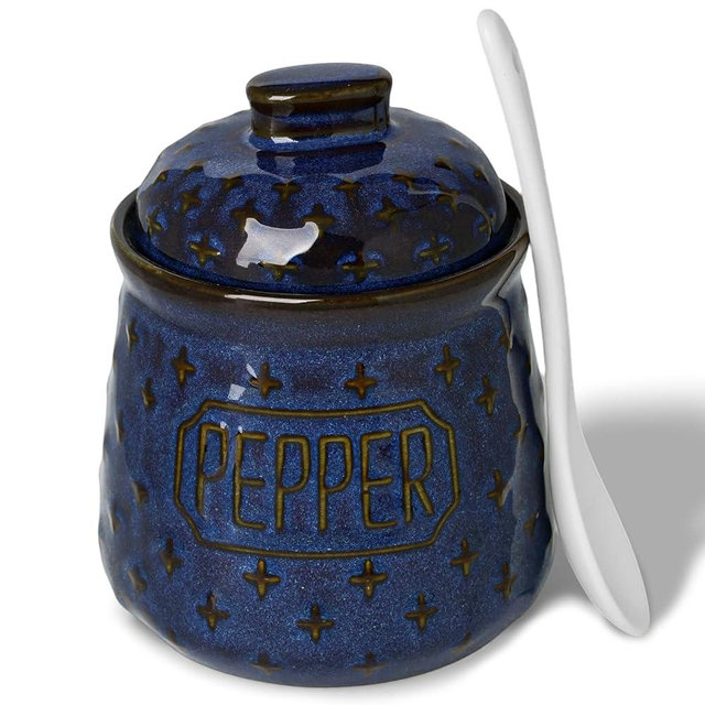 QUXIJA Salt & Pepper Bowl with Lid and Spoon, 10 OZ Ceramic Spices Cellar for Kitchen Counter top, Farmhouse Kitchen Decor (Vintage Blue, 4.3" Label Pepper)