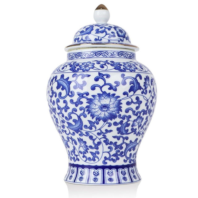 Yunjuhop Chinoiserie Blue White Ginger Jars, Ceramic Decorative Ginger Jar With Lid,Porcelain Vases Decor for Living Room,Bedroom -Medium (Lotus)