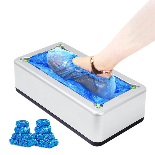 Automatic Shoe Cover Machine with 200 Disposable Shoe Covers Automatic Shoe Cover Machine for Home Use Disposable Non-slip Waterproof Shoe Covers for Indoors, Offices, Factories (Silver)