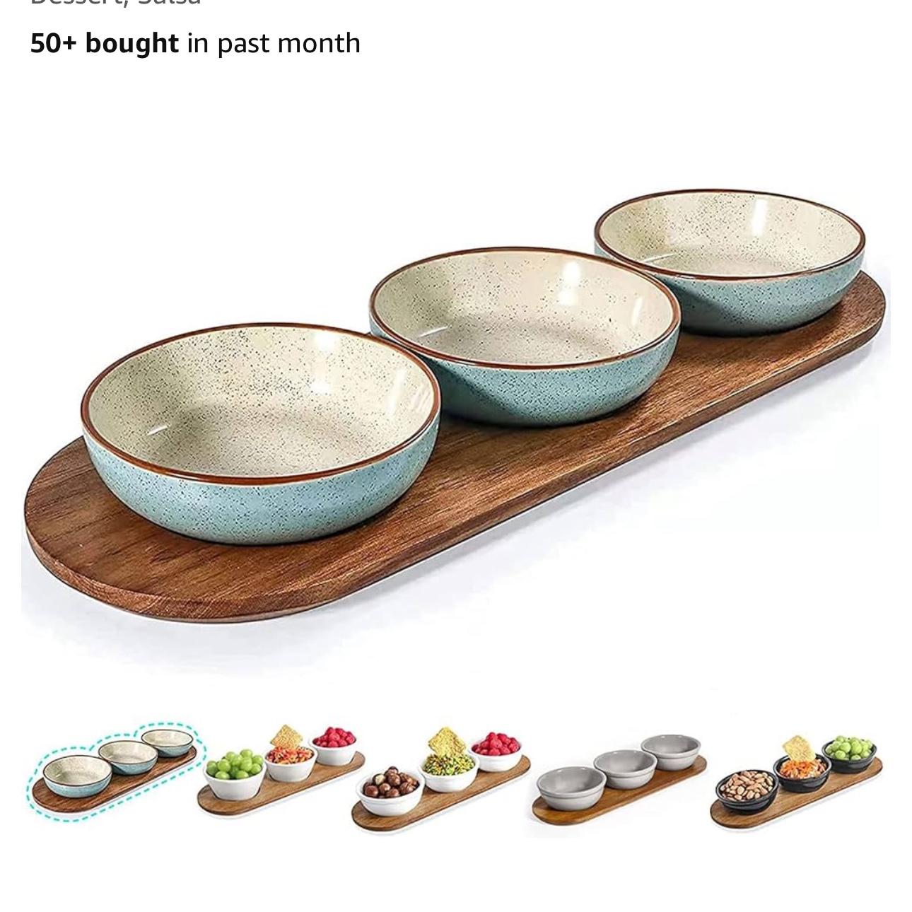 Artena 6oz Turquoise Solid Ceramic Chips and Dip Serving Platter with Acacia Wooden Tray, 4.5inch Glazing Small Serving Bowls/Dipping Dishes for Condiments,Side Dishes, Dipping, Pre, Dessert, Salsa