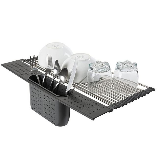 Kitchen Details Over The Sink Drying Rack with Utensil Holder | Roll Up for Storage | Stainless Steel | Drain Tray | BPA Free | Food Safe | Space Saving | Grey