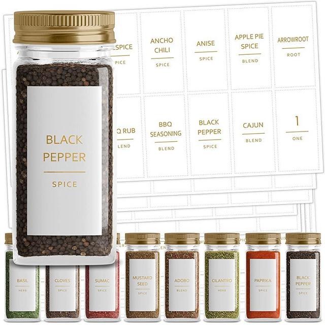 Talented Kitchen Gold Spice Jar Labels. 140 Minimalist Spice Labels, Gold Text on Matte White Labels, Water Resistant Vinyl, Spice Label Sticker Decal. Seasoning Labels, Herb & Spice Rack Organization