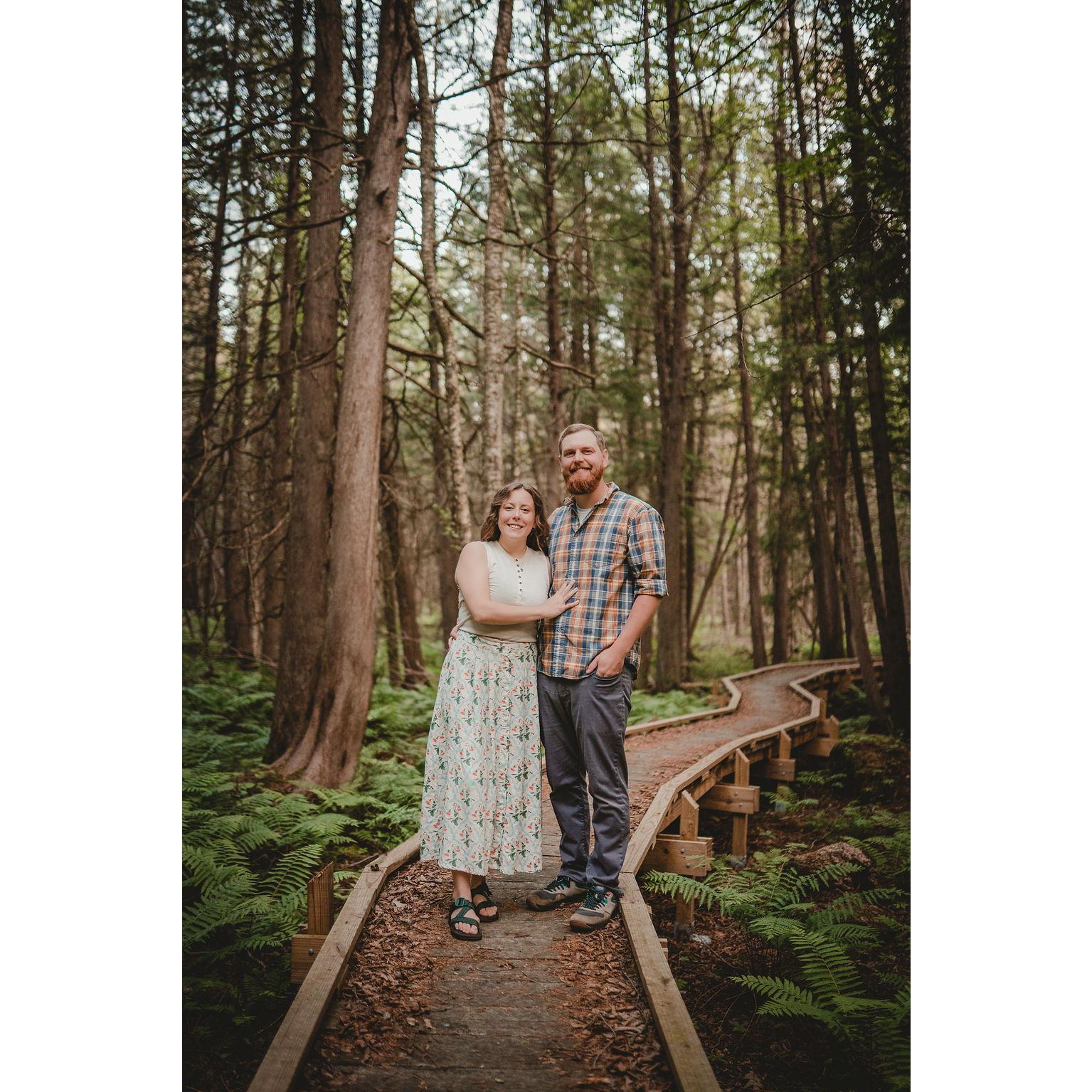 Engagement photos taken on the White Cedar Segment of the Ice Age Trail at the Rice Lake Preserve in June 2025 by the fabulous Sara Griena: AnaFinn Photography, www.anafinnphotography.com