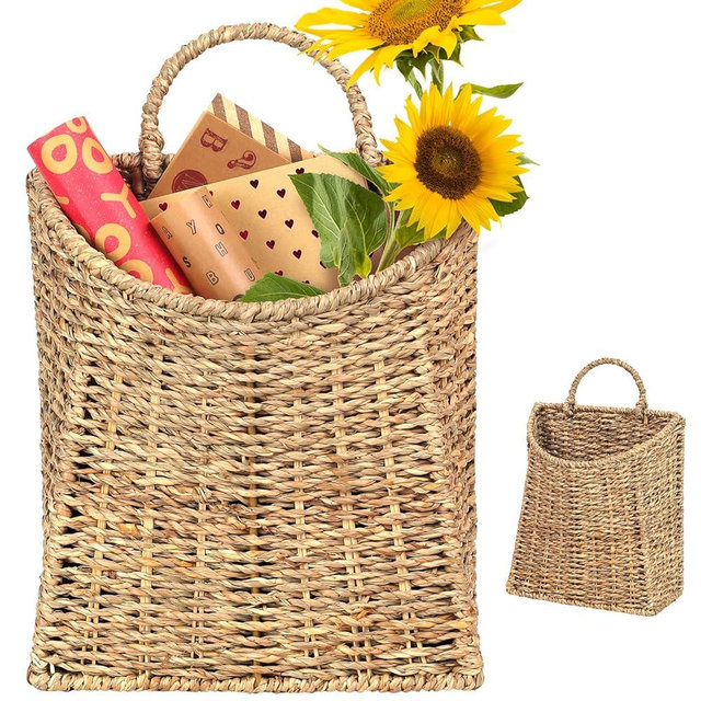 Woven Hanging Seagrass Baskets, Hanging Wall Wicker Basket, Handmade Organizer Baskets, Hanging Flower Basket for Shelves, Walls, Doors, Balconies, Front of House, Garden,...(Seagrass)