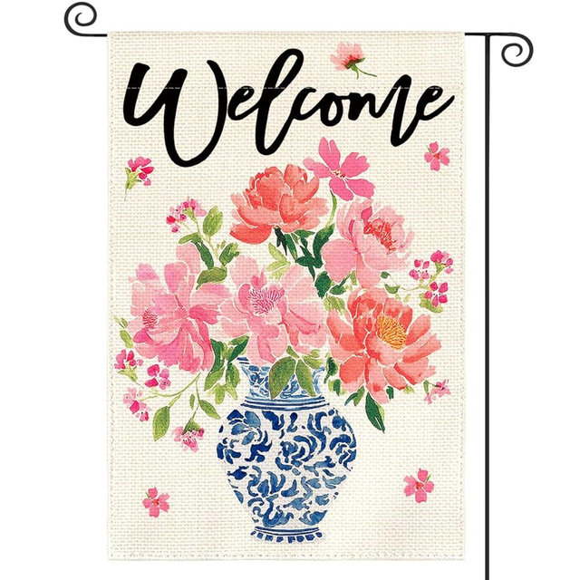 AVOIN colorlife Pink Peony Spring Floral Garden Flag 12x18 Inch Double Sided Outside, Blue and White Chinoiserie Seasonal Welcome Yard Outdoor Flag