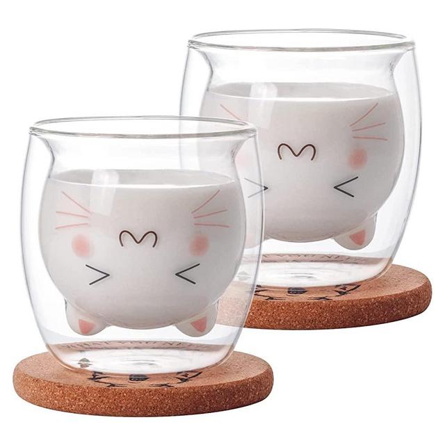 Bgbg Cute Cat Coffee Mug Set of 2, Double Wall Glass Tea Cup Milk Glass Cup Clear Insulated Espresso Mug with Coaster Interesting Gift for You(Cat Mug Set)