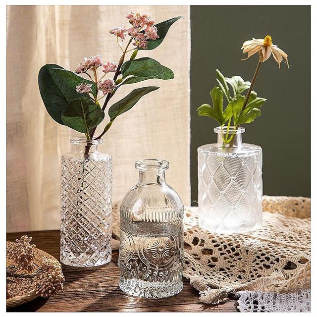 WILDMOS Glass Bud Vase Set of 3, Small Flower Vases for Decorative, Gradient Glass and Embossed Style Mini Glass Bottles for Home Decor, Vintage Glass Bottles for Centerpiece 3.3"-5.2''H. (Clear)