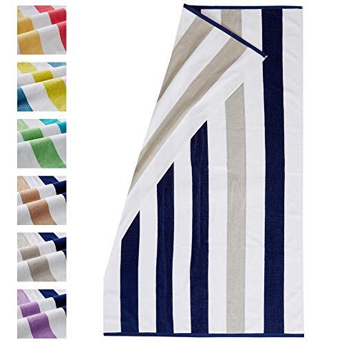 Oversized Reversible Plush Velour 100% Cotton Beach Towel. Cabana Stripe Pool Towel for Adults 40" x 70". Hermosa Collection (Navy/Light Grey)