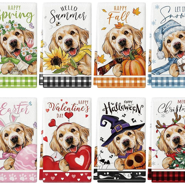 maiiooliwe 8 Pcs Seasonal Holiday Kitchen Towels, Cute Puppy Dog Golden Retriever Kitchen Dish Towels, Summer Fall Absorbent Kitchen Towel Halloween Christmas Holiday Hand Towels Decorative Set (Dog)