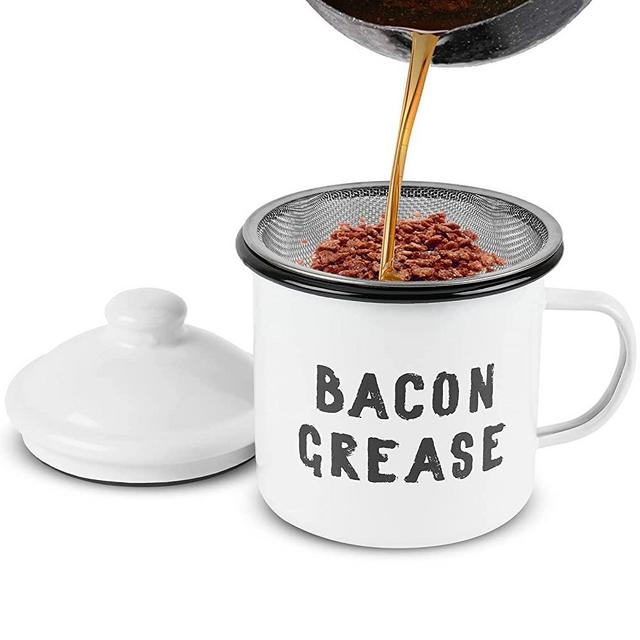Bacon Grease Container with Fine Strainer - Farmhouse Style White Enamel Can for Kitchen Counter Storage Decor - Durable & Easy to Clean Cooking Oil Keeper 4 X 4 Inch