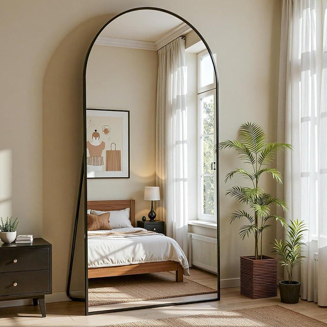 Furnbar Full Length Mirror, 69"x28" Arched Full Body Mirror, Floor Mirrors with Stand, Body Mirrors Standing Hanging Leaning Against Wall,Aluminum Frame Mirrors for Bedroom Cloakroom,Living Room,Black
