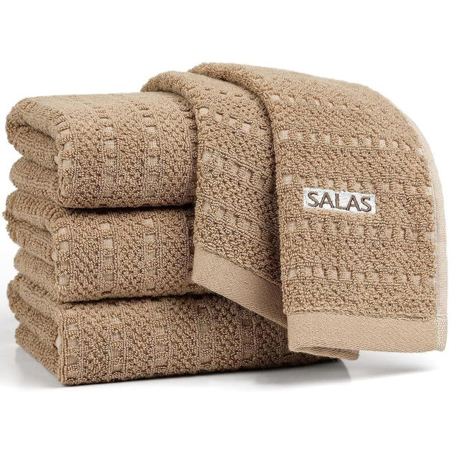 SALAS Kitchen Dish Towels, Bulk Cotton Kitchen Hand Towels, 390 GMS Plaid Dish Cloths Rags for Drying Dishes with Hanging Loop, 16‘’ x 26‘’, 4 Packs, Khaki