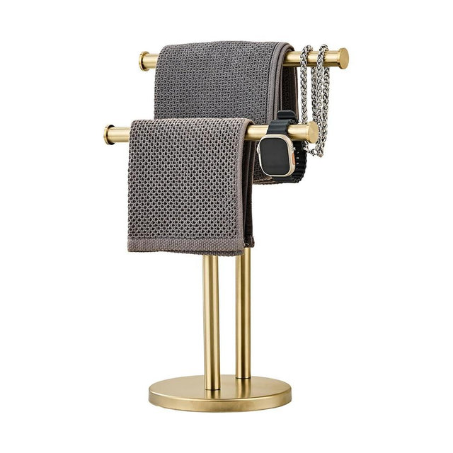 SHUNLI Hand Towel Holder Stand, Double Towel Rack Free Standing for Bathroom Countertop, T-Shape Hand Towel Stand for Stainless Steel (Brushed Gold)
