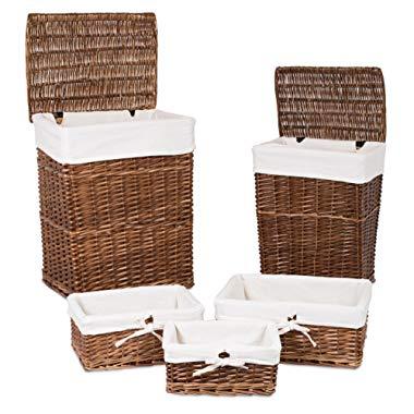 BIRDROCK HOME Woven Willow Baskets with Liner - Set of 5 - Rectangular Hampers and Storage Bins with Lids - Decorative Wooden Wicker Baskets - Organizer - Natural (Brown)
