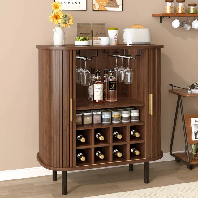 ModernLuxe Fluted Wine Bar Cabinet, Mid-Century Modern Coffee Station Buffet Sideboard with 8-Bottle Liquor Storage Rack & Glass Holders, Walnut