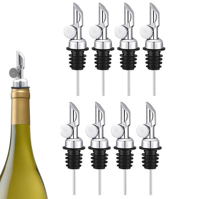 Weighted Stainless Steel Liquor Bottle Pourers: Auto Flip Spouts for Precise Pouring, Leak-Proof and Dishwasher-Safe (8pcs - Silver)