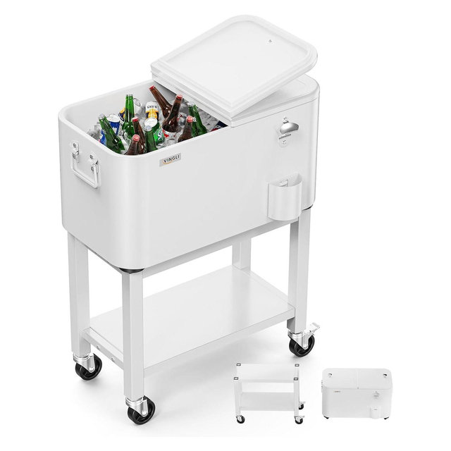 VINGLI Patio Cooler, Rolling Ice Chest on Wheels, Portable Patio Party Bar Drink Cooler Cart White